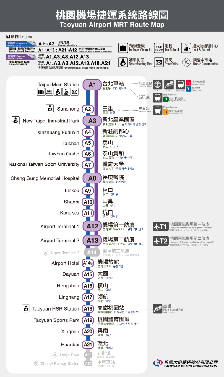 桃園空港MRTの路線図