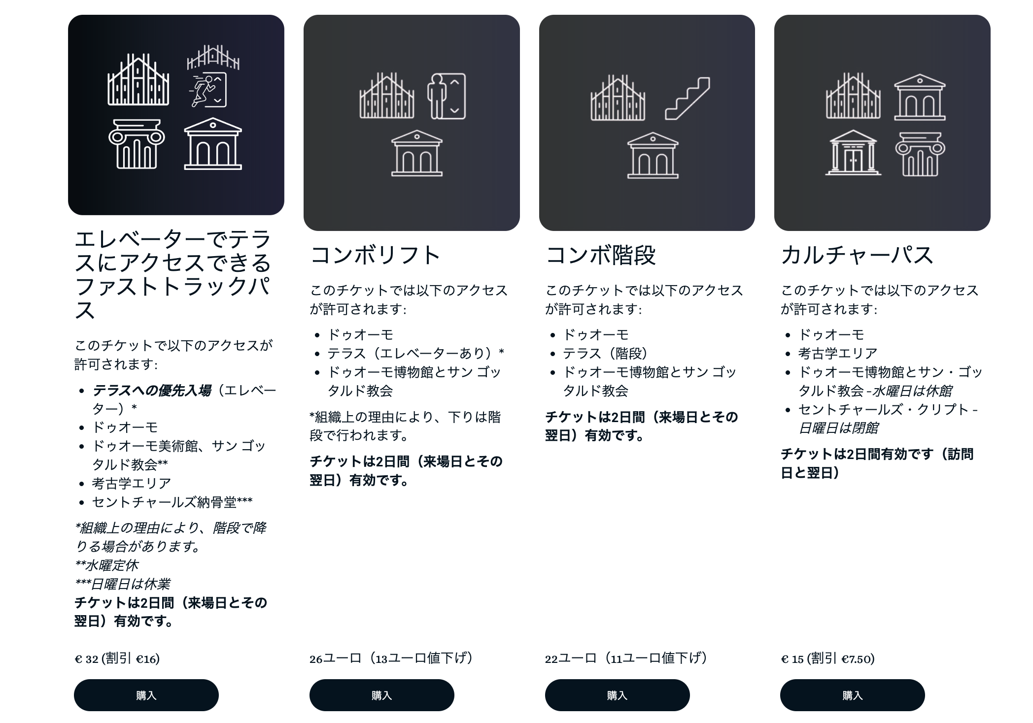 ミラノ大聖堂のチケット購入方法・まず券種を選択