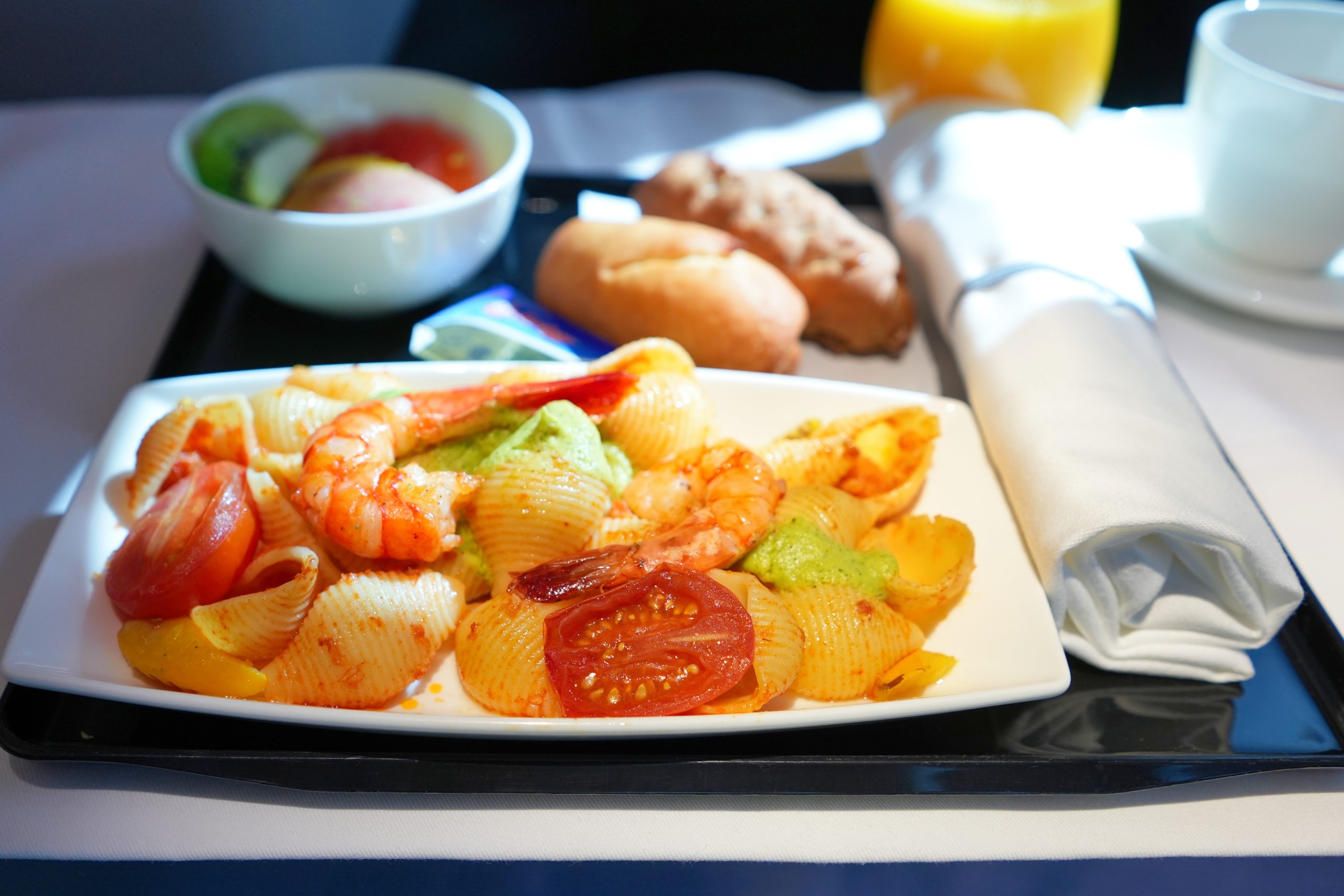 Conchiglie pasta with shrimp and zucchini on ANA Business Class